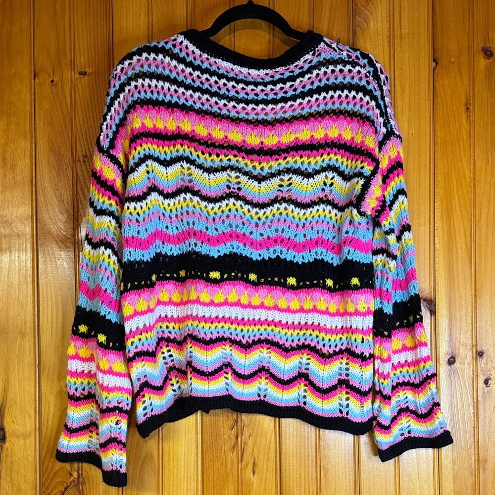 Miss Sparkling Colorful Striped Crocheted Women's Crew Neck Sweater - Picture 9 of 9